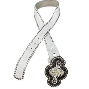 Vintage Cache Belt White Studded Leather Beaded Rhinestone Metal Buckle M